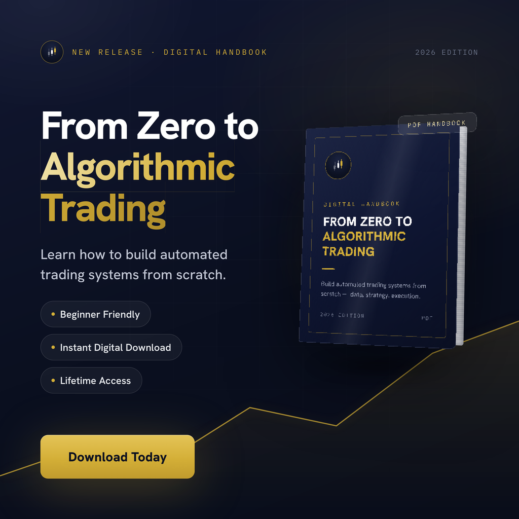Cover of From Zero to Algorithmic Trading, a 44 page beginner's handbook on building automated trading systems with Python and Freqtrade, 2026 edition.