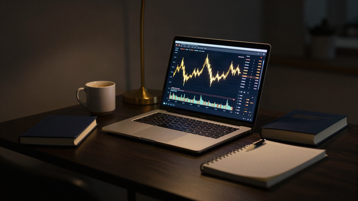 The handbook in use: a laptop showing a trading chart beside the handbook, a notebook and coffee, in a dark home office at night.